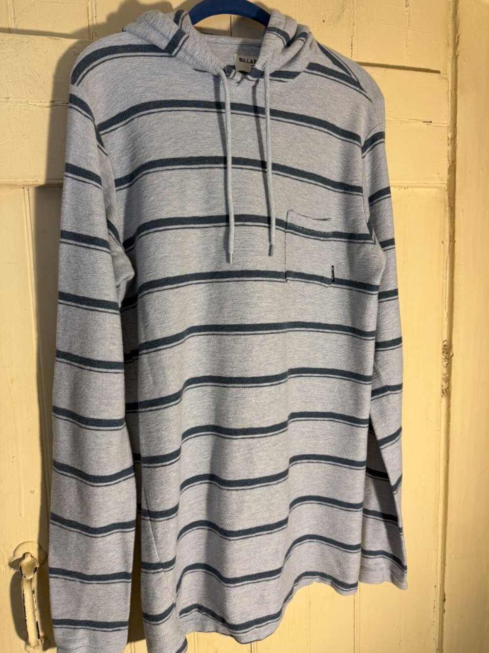 Billabong Men's Flecker Diego Blue and Gray Striped Cotton Blend Hoodie Sz L